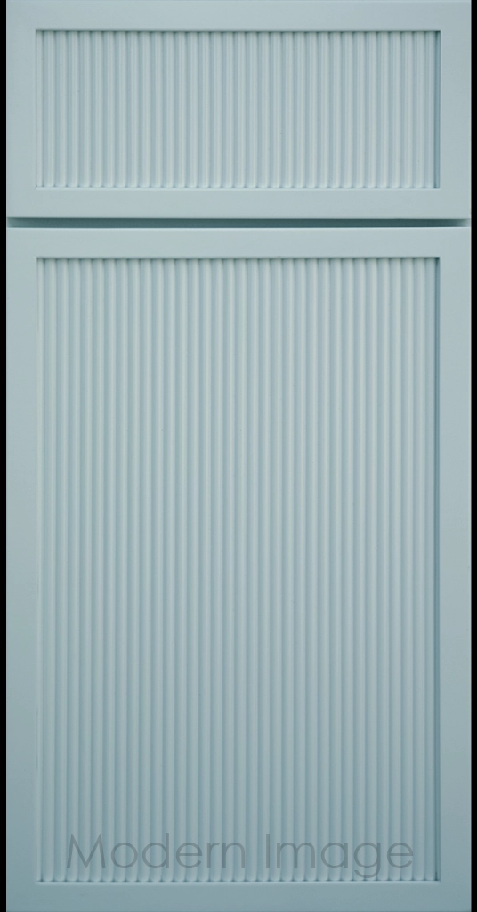 Niebla Azul Arcadia Reed Cabinet Door featuring a Narrow Frame and Slim Fluted Center Panel.